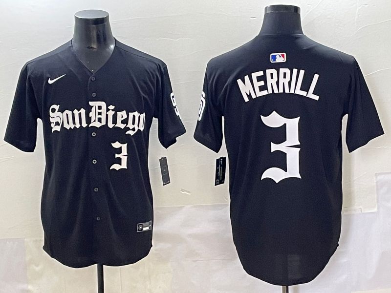 Men 2025 San Diego Padres #3 Merrill Black Five generations Joint Name Nike MLB Jersey style 8